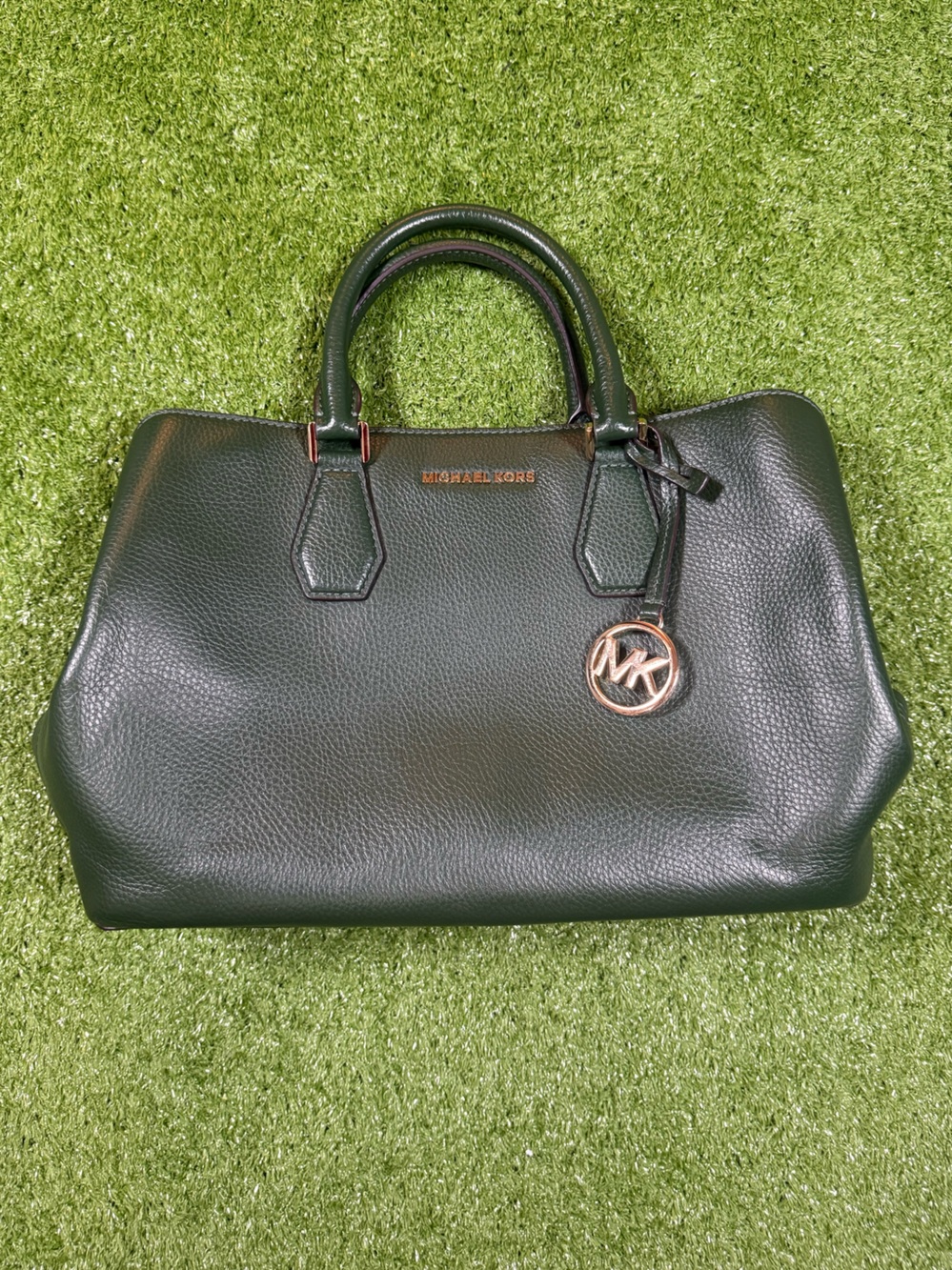 Michael Kors Dark Green Pebbled Leather Satchel with Gold Hardware